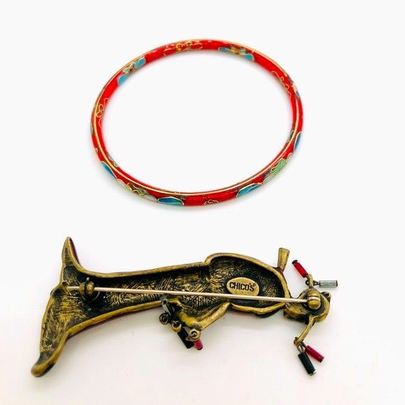 Vintage Red Asian Geisha Brooch & Bangle Bracelet - Picture 5 of 11